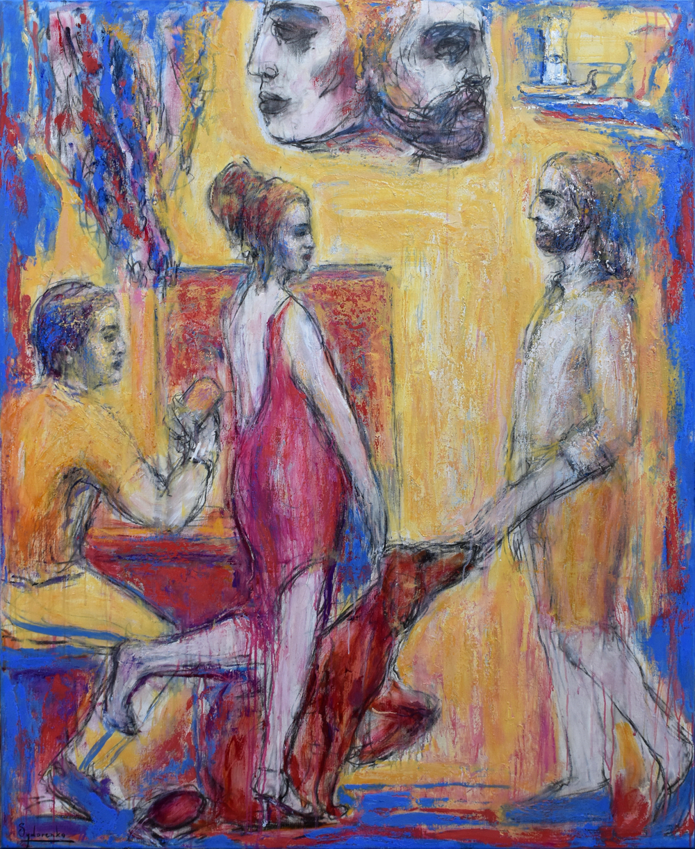 «Ulysse et Pénélope», huile sur toile, 150x120 cm, 2025. «Quand les Phéaciens déposent Ulysse sur Ithaque, il ne reconnaît rien. Et lui-même ne sera Ulysse que reconnu. Il l’est d’abord par son chien Argos... La fin de l’Odyssée est un enchaînement de scènes de reconnaissance...» Être reconnu – Pénèlope. L’Odyssée au Louvre : Un roman graphique, Barbara Cassin.