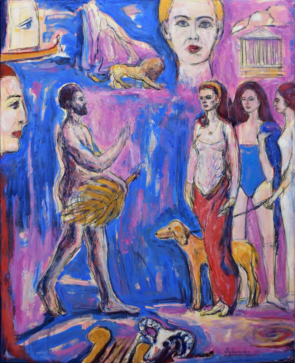 «Ulysse et Nausicaa», huile sur toile, 150x120 cm, 2025. «Ulysse aux mille tours est par excellence celui qui sait parler. Et quand, naufragé nu sur le rivage des Phéaciens, il aperçoit la princesse Nausicaa venue laver le linge, au lieu de la prendre aux genoux comme font les suppliants, il invente pour ne pas l’effrayer «un discours qui gagne, doux comme le miel». Au lieu du geste, un performatif. Un performatif païen, qui signe la perméabilité du monde, la beauté d’un cosmos où Ulysse est un lion des montagnes ou un dieu des champs du ciel, et Nausicaa une déesse ou le jeune fût d’un palmier.» Parler – Nausicaa. L’Odyssée au Louvre : Un roman graphique, Barbara Cassin.