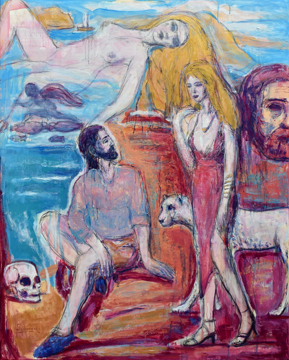 Les peintures inspirées de l’Odyssée et les conférences de Barbara Cassin «L'Odyssée au Louvre : un roman graphique». «Ulysse chez Calypso», huile sur toile, 150x120 cm, 2025. «Déesse maîtresse, pardonne-moi, toute sage qu’elle est, je sais que Pénélope est sans grandeur ni beauté. Car c’est une mortelle ; toi tu ne connais ni la mort ni l’âge. Mais ce que je veux, ce que je désire tous les jours, c’est rentrer à la maison et voir le jour du retour» (chant V). Ulysse choisit le danger, se risque sur un radeau, il choisit d’être un «mortel» : l’Odyssée commence.» Être mortel – Calypso. L’Odyssée au Louvre : Un roman graphique, Barbara Cassin.